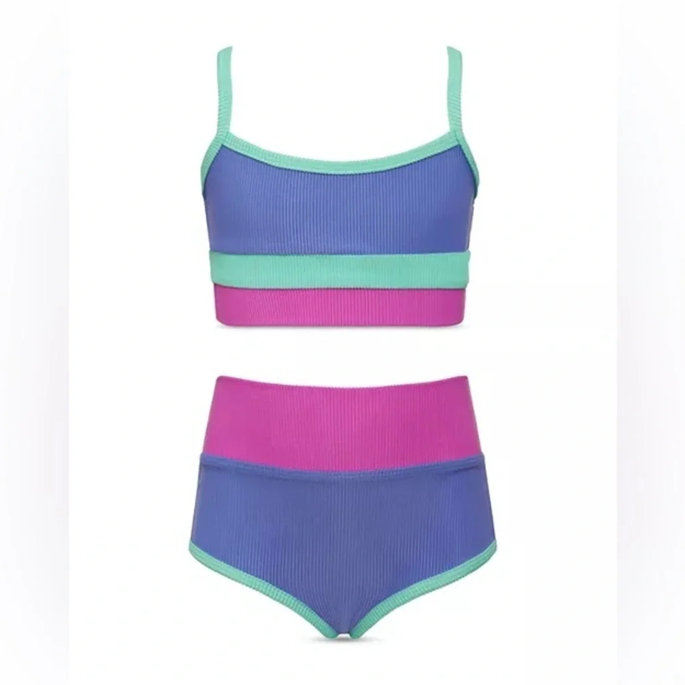 Beach Riot Big Girls Eva & Emmie Two Piece Swimsuit High Tide Colorblock 13/14